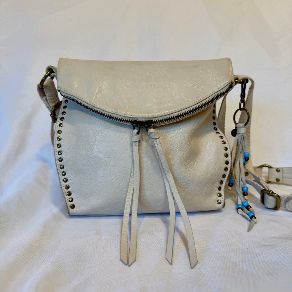 The Sak Silverlake Off White Leather Embossed Floral Foldover Crossbody Purse - Picture 2 of 11